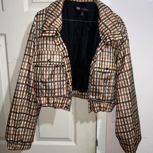 Zara Brown and Black Bomber Jacket with Ribbed Cuffs